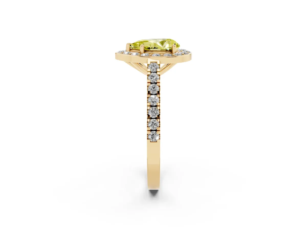Fancy Yellow Pear Cut Diamond Halo Ring with Round Pavé Split Shank and Prong Setting Yellow gold