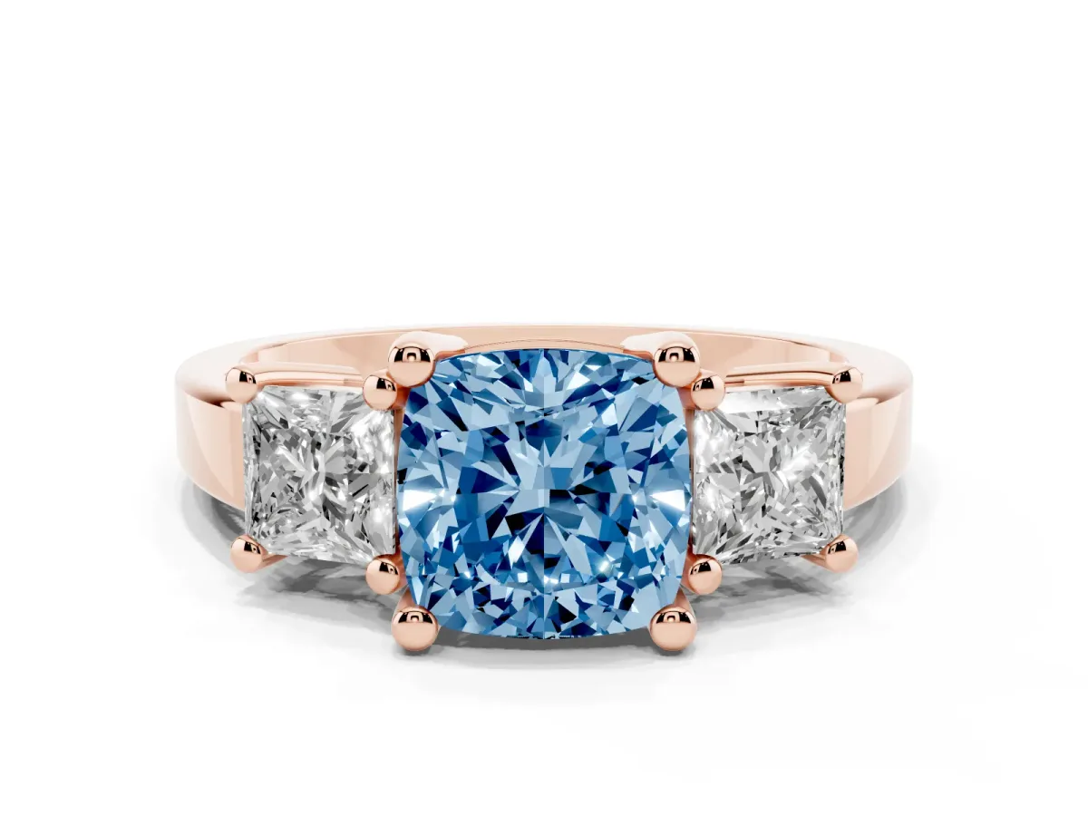 Fancy Blue Three-Stone Cushion Cut Cut Solitaire Ring with Prong Setting Rose gold