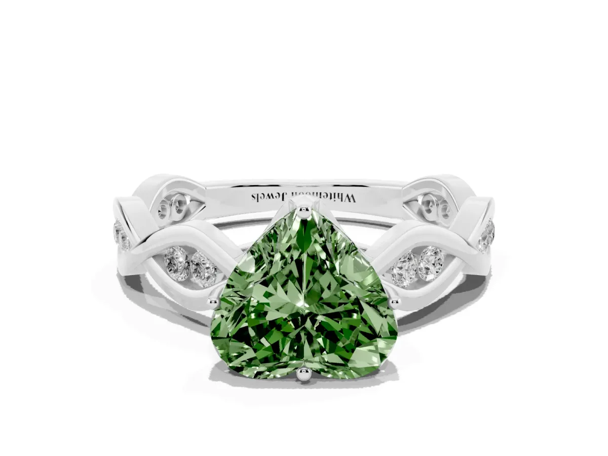 Fancy Green Heart Cut Solitaire Twist Band with Leaf Prong Setting Silver