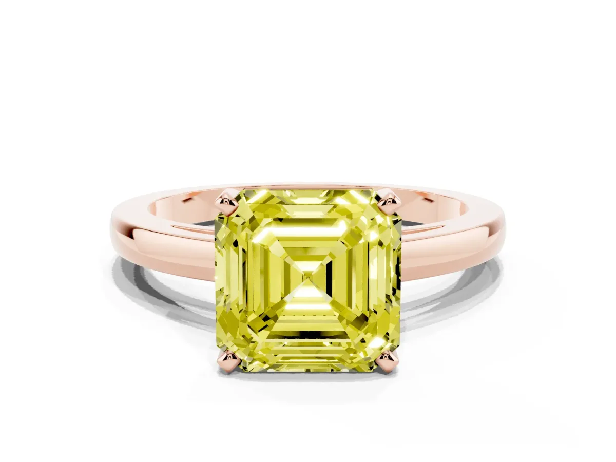 Fancy Yellow Asscher Cut Solitaire Diamond Engagement Ring with Four-Prong Setting on a Classic Band Rose gold