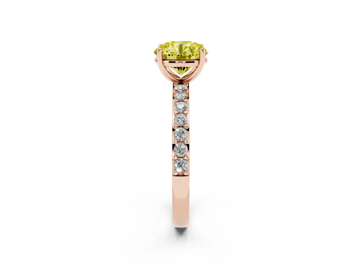 Fancy Yellow Round Cut Cut Diamond Solitaire with Pave Band and Four-Prong Setting Rose gold