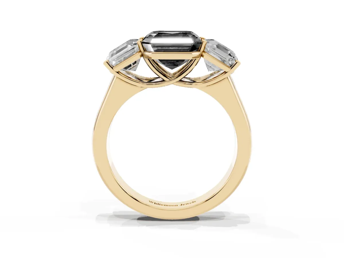 Fancy Black Asscher Cut Three-Stone Diamond Ring with Prong Setting on a Classic Band Yellow gold