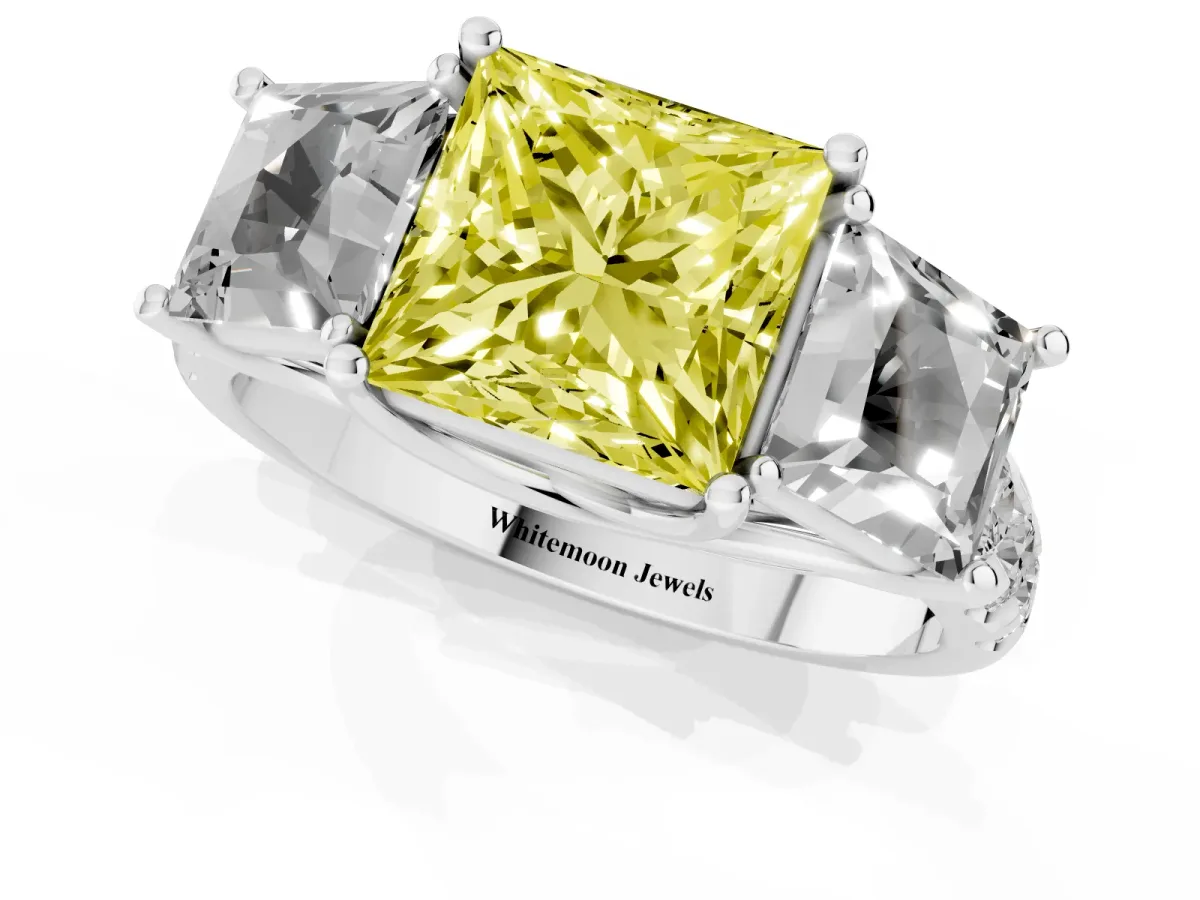 Fancy Yellow Three-Stone Princess Cut Diamond Pavé Band with Prong Setting Silver