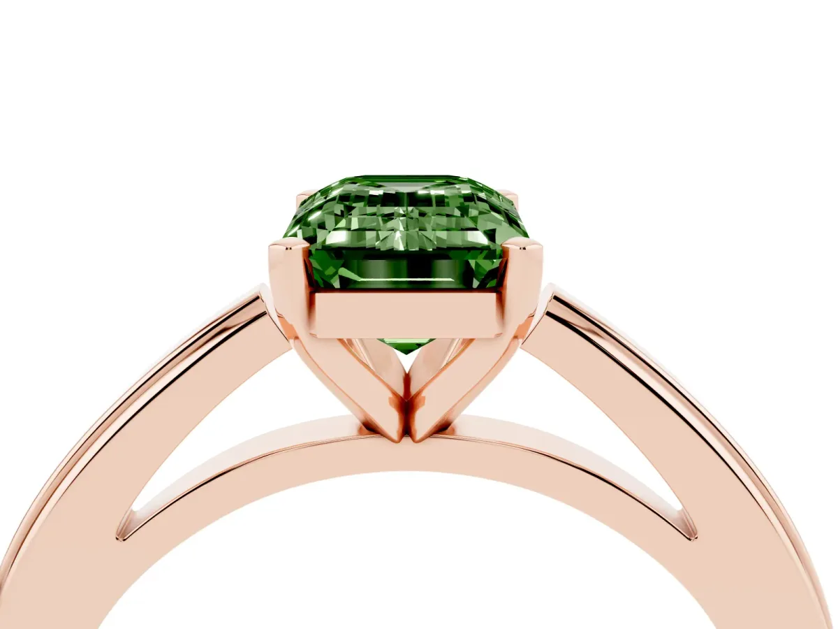 Fancy Green Emerald Cut Solitaire Diamond Ring with Four-Prong Setting and Classic Band Rose gold
