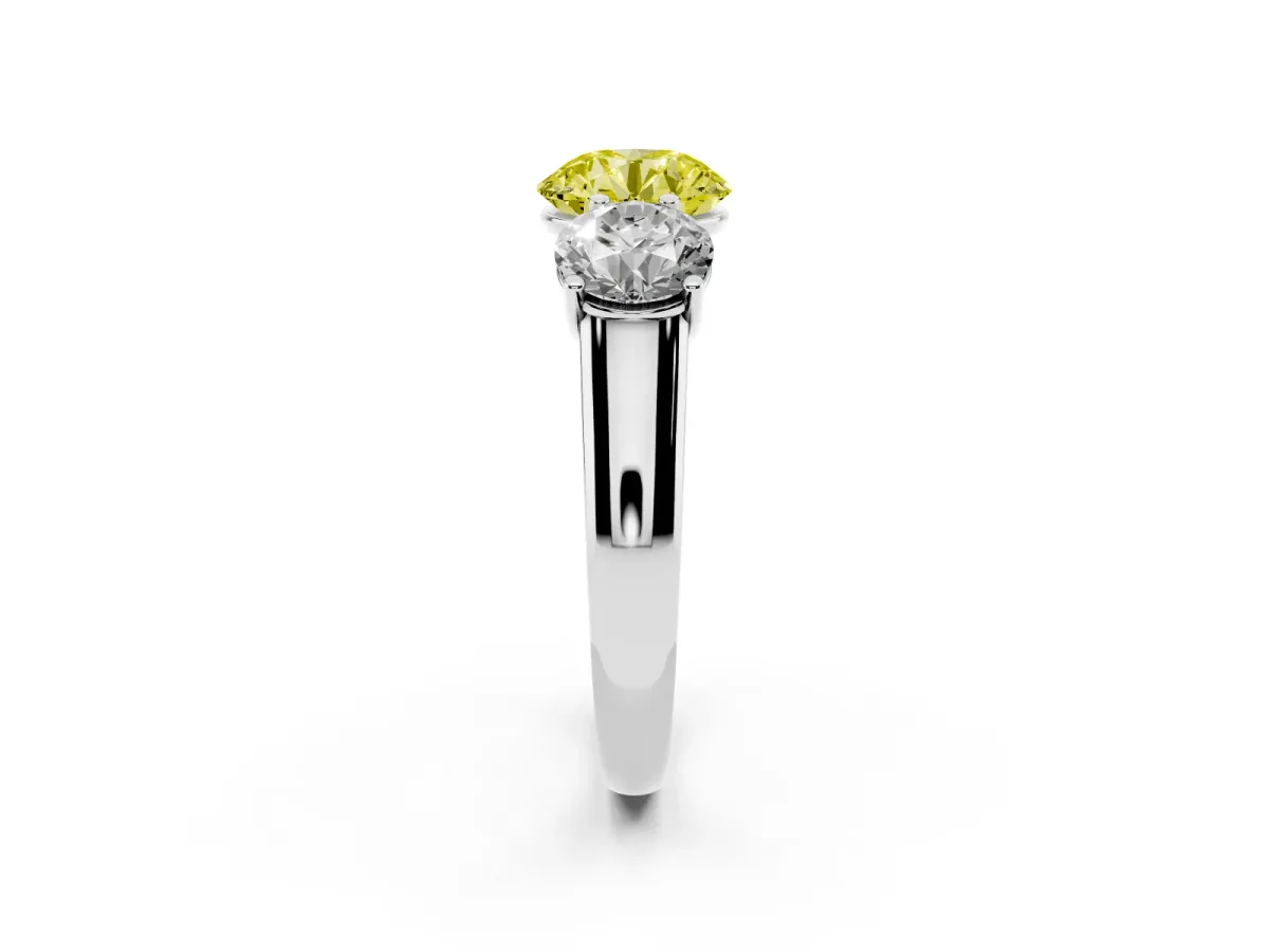 Fancy Yellow Round Cut Three-Stone Diamond Ring with Prong Setting on a Classic Band Silver