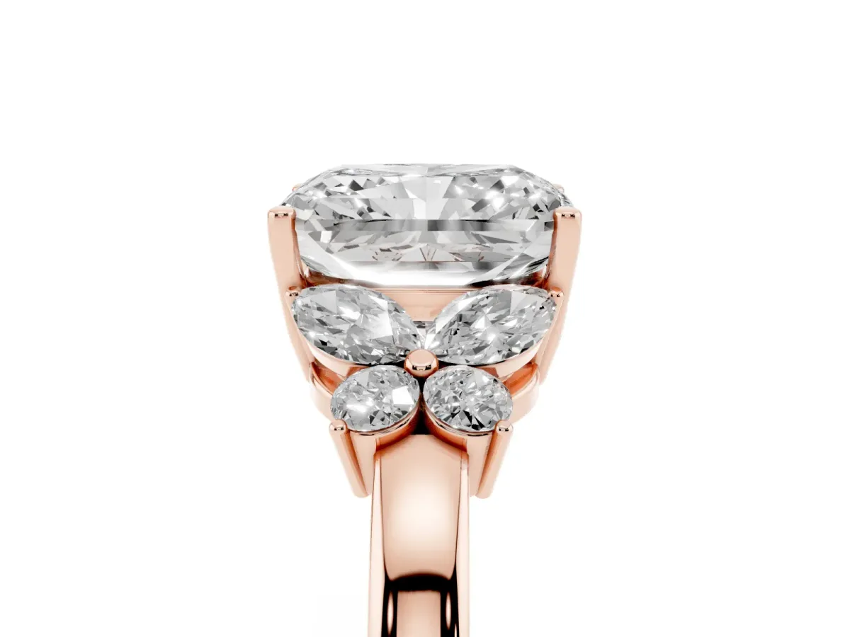 Radiant Cut Cut Solitaire Floral Diamond Ring with Four-Prong Setting Rose gold