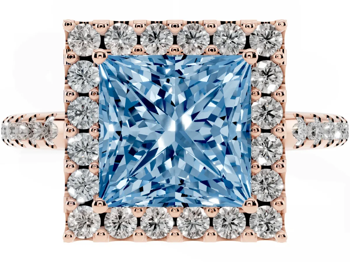 Fancy Blue Princess Cut Diamond Pavé Halo Ring with Four-Prong Setting Rose gold