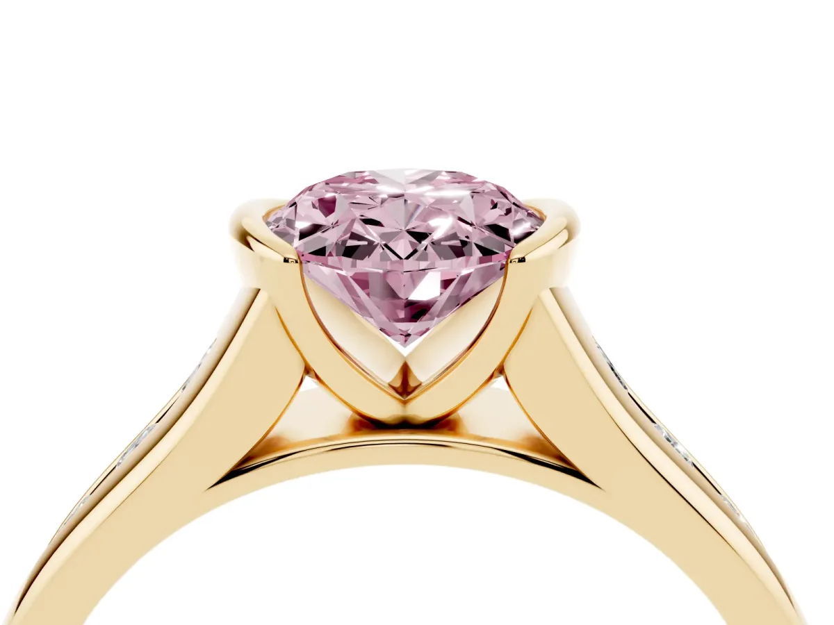 Fancy Pink Oval Cut Solitaire Bezel-Set Diamond Ring with Channel-Set Band Yellow gold