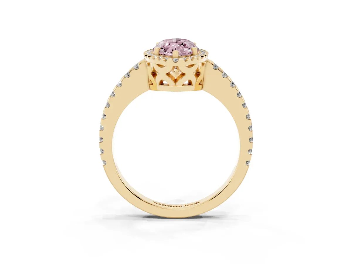 Fancy Pink Marquise Cut Diamond Halo Engagement Ring with Pavé Band and Prong Setting Yellow gold