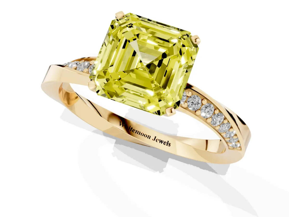 Fancy Yellow Asscher Cut Diamond Engagement Ring with Side Stone Accents and Four-Prong Setting Yellow gold