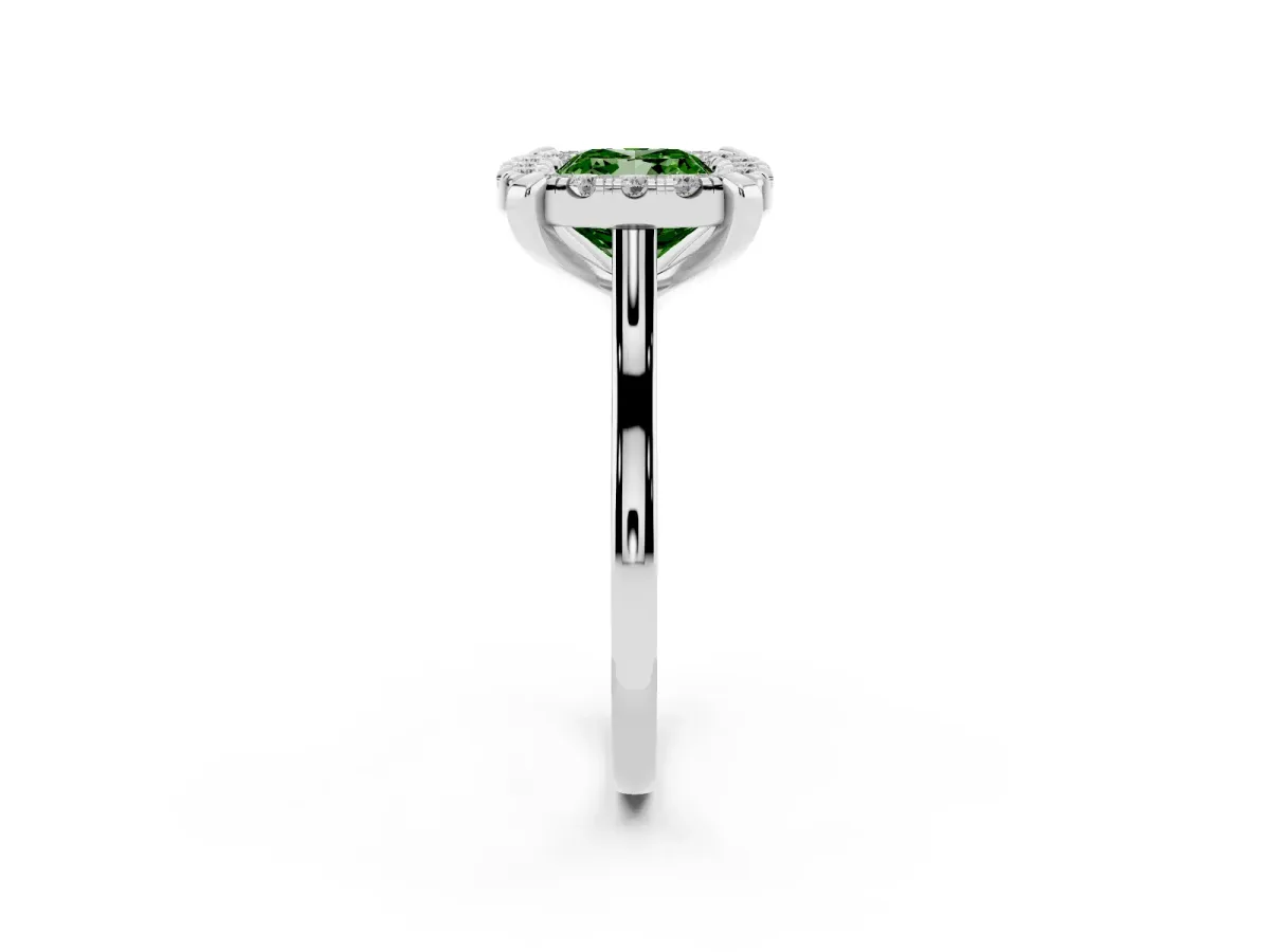 Fancy Green Cushion Cut Diamond Cluster Halo Solitaire with Four-Prong Setting Silver