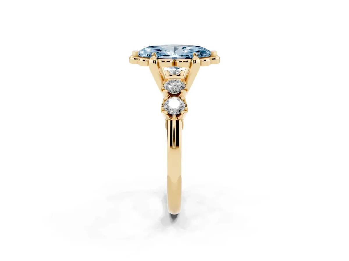 Fancy Blue Marquise Cut Cut Diamond Floral Halo Engagement Ring with Shared Prong Setting Yellow gold