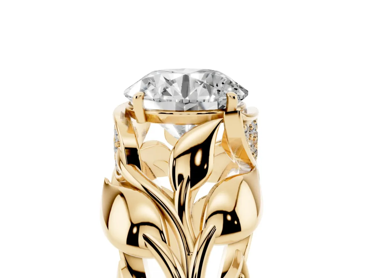 Round Cut Diamond Leaf-Inspired Engagement Ring with Round Accents and Prong Setting Yellow gold