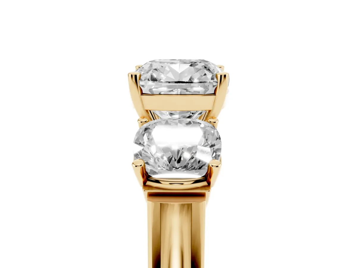 Three-Stone Cushion Cut Brilliant Diamond Trellis Ring with Comfort Fit Band Yellow gold