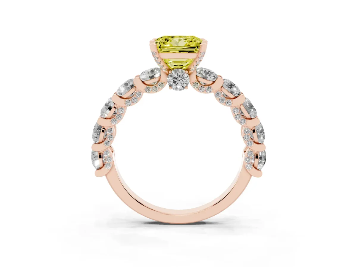 Fancy Yellow Princess Cut Diamond Side Stone Engagement Ring with Four-Prong Setting Rose gold