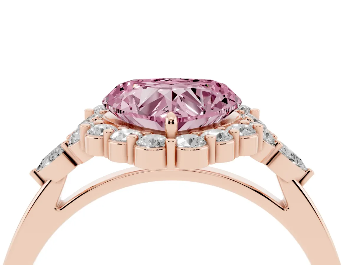 Fancy Pink Heart Cut Diamond Halo Ring with Pear Side Stones and Prong Setting Rose gold