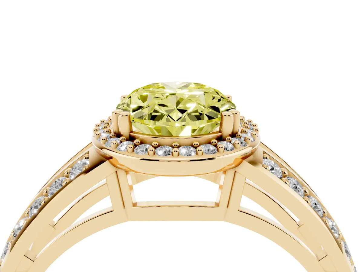 Fancy Yellow Oval Cut Diamond Halo Ring with Split Shank Pavé Band and Four-Prong Setting Yellow gold