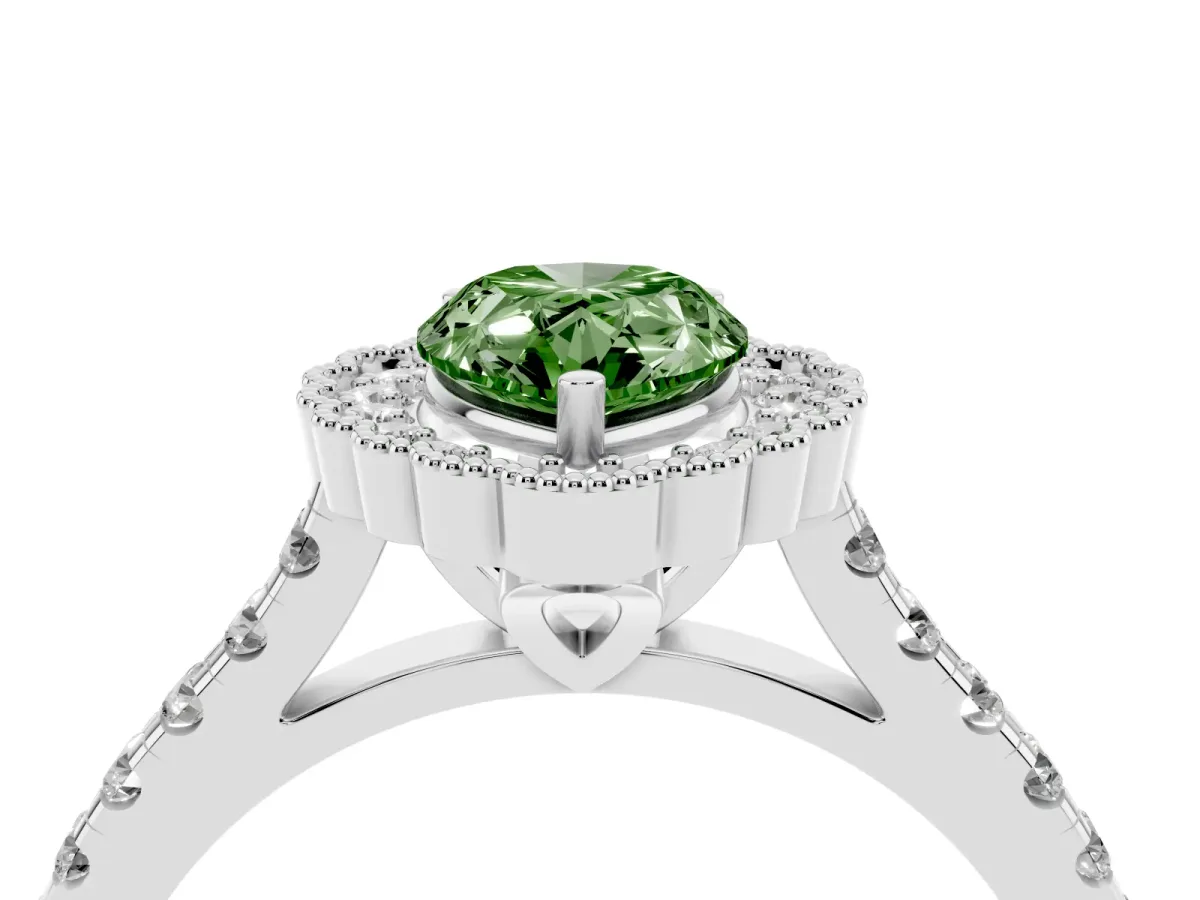Fancy Green Pear Cut Cut Diamond Milgrain Floral Halo Engagement Ring with Pavé Band Platinum