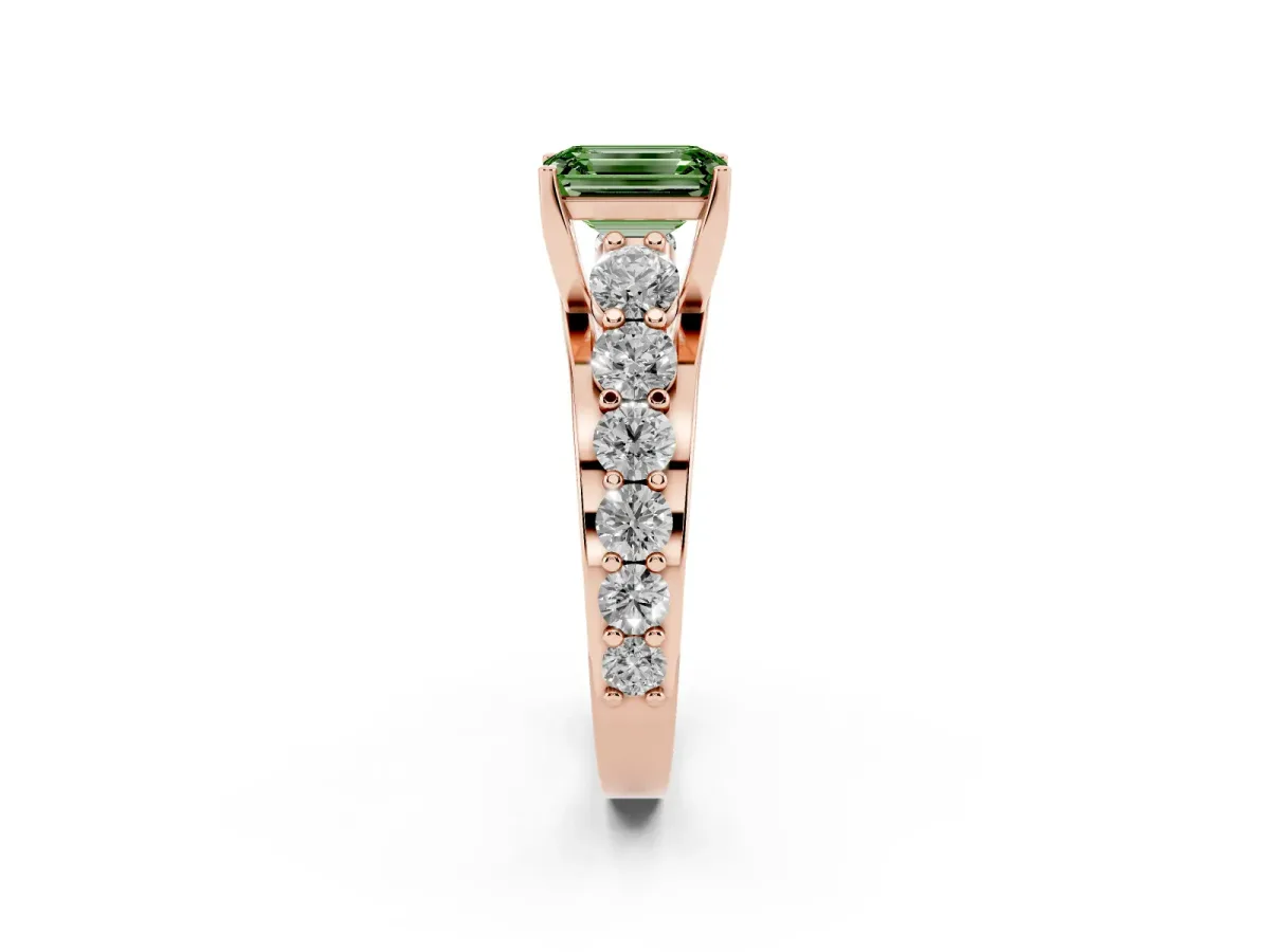 Fancy Green Emerald Cut Diamond Engagement Ring with Pavé Band and Four-Prong Setting Rose gold