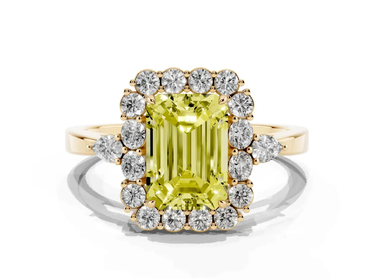 Fancy Yellow Emerald Cut Diamond Halo Ring with Pear Side Stones and Prong Setting Yellow gold
