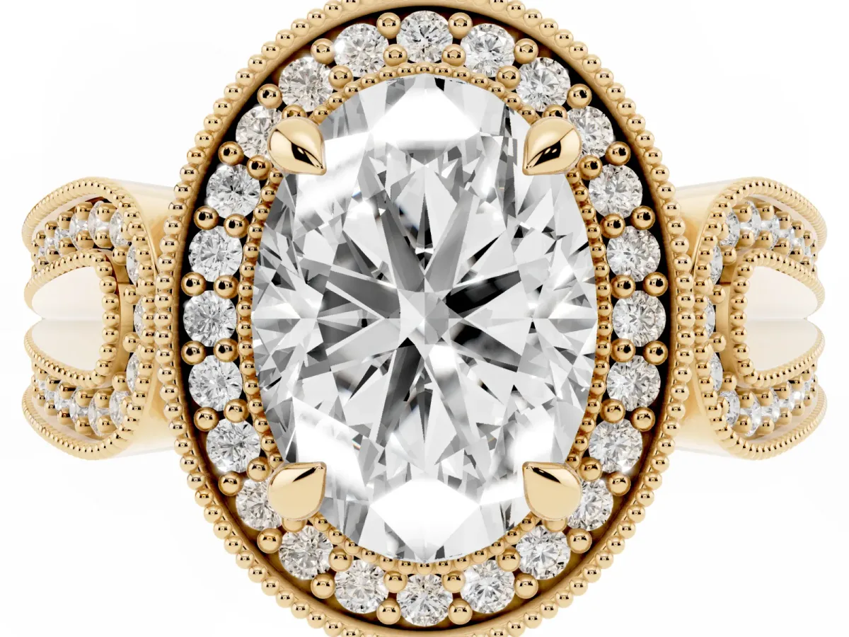 Oval Cut Halo Split Shank Milgrain Diamond Ring Yellow gold