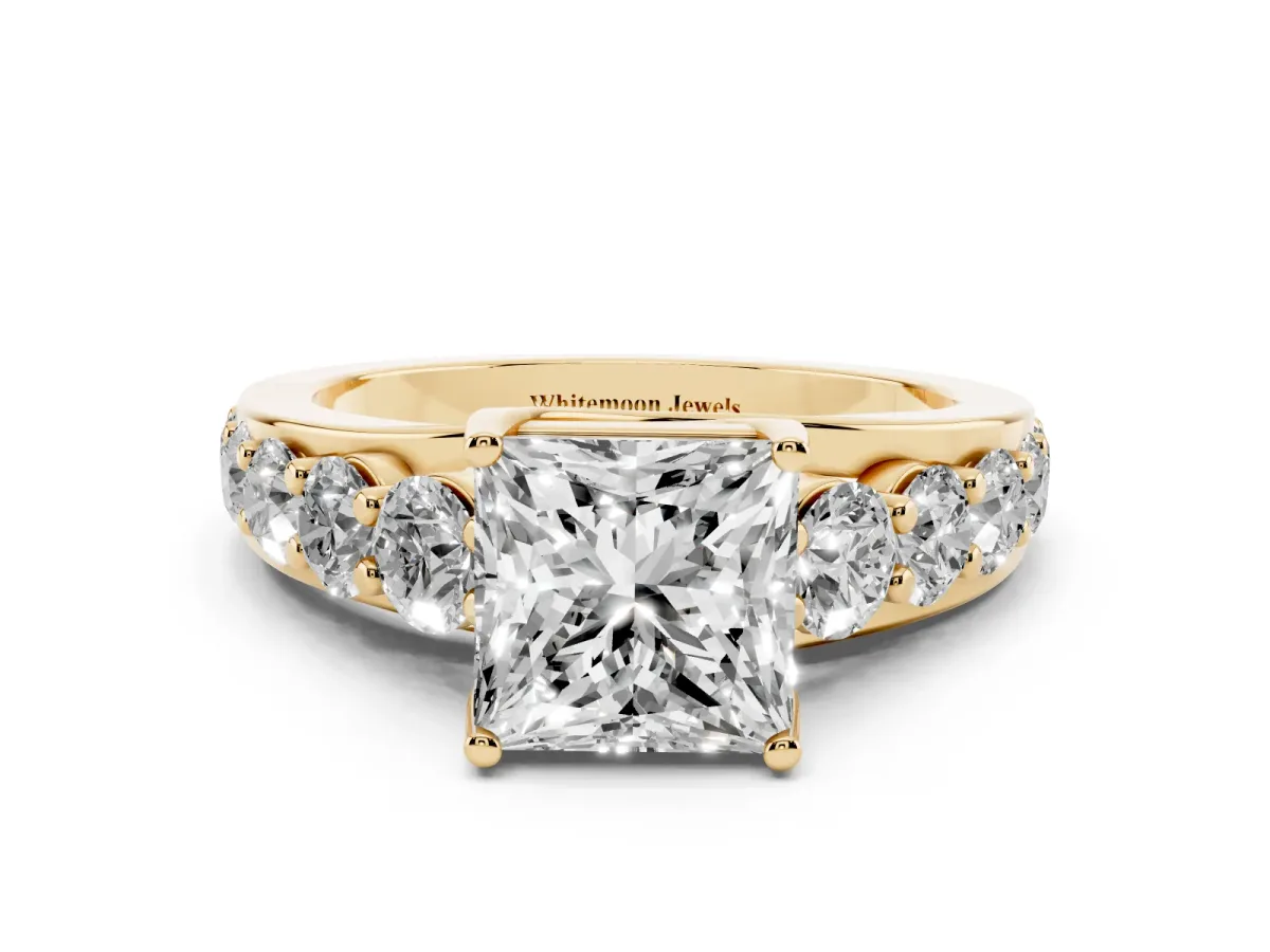 Princess Cut Diamond Engagement Ring with Pavé Band and Four-Prong Setting Yellow gold