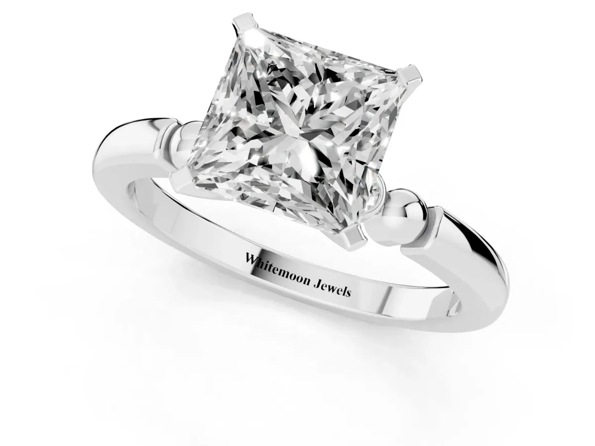 Princess Cut Solitaire Beaded Band with Four-Prong Setting Silver