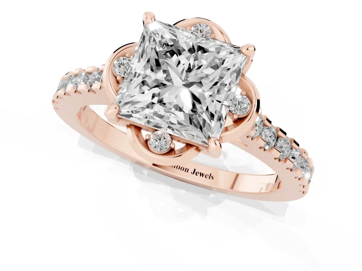 Princess Cut Diamond Ring with Pavé Band and Floral Prong Setting Rose gold
