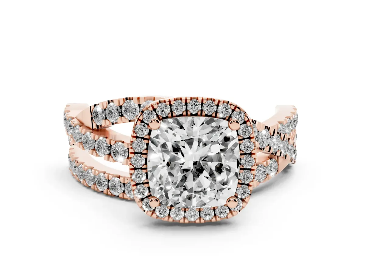Cushion Cut Diamond Halo Ring with Round Split Shank and Prong Setting Rose gold
