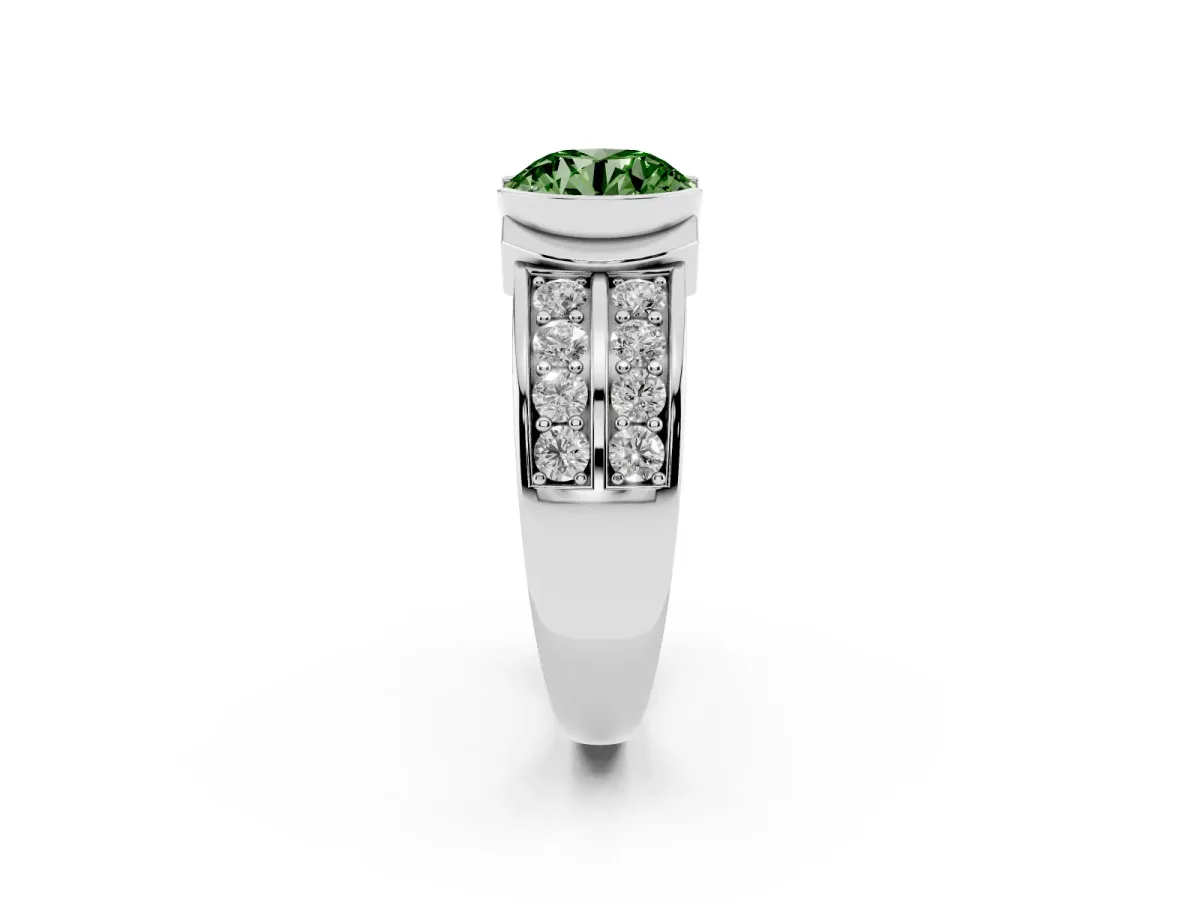 Fancy Green Round Cut Brilliant Diamond Channel Set Wide Band Ring with Bezel Setting Platinum