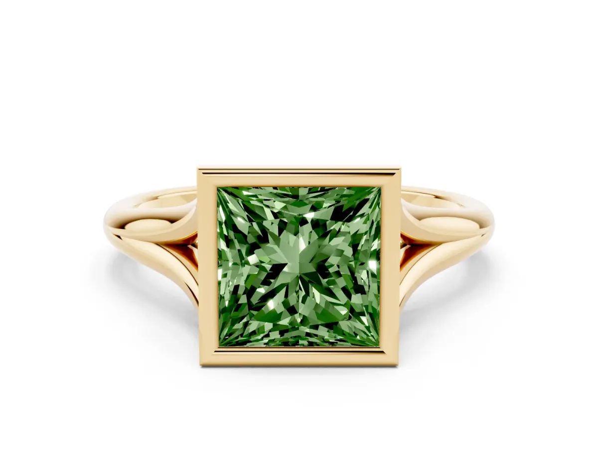 Fancy Green Bezel Set Princess Cut Cut Solitaire Ring with Tapered Band Yellow gold