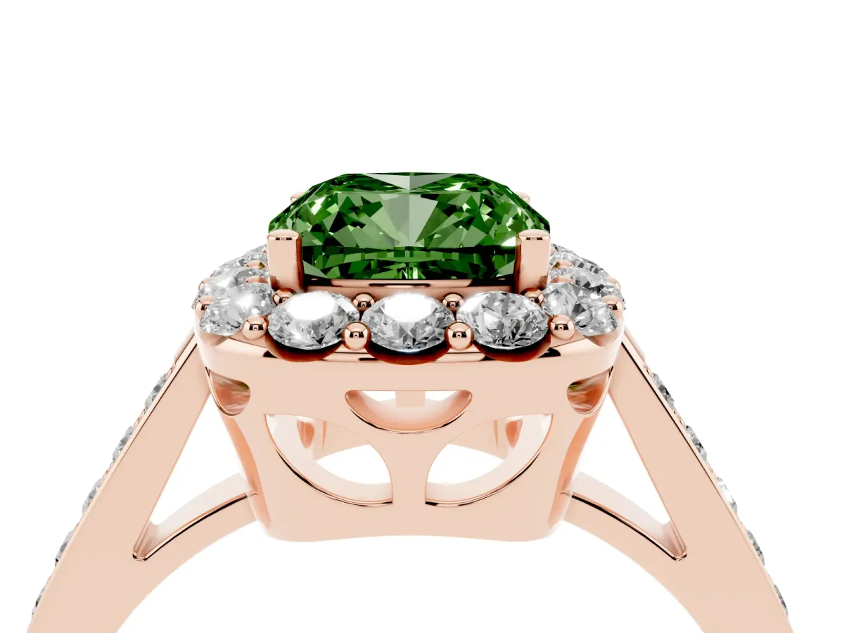 Fancy Green Cushion Cut Diamond Floral Halo Ring with Pavé Band and Prong Setting Rose gold