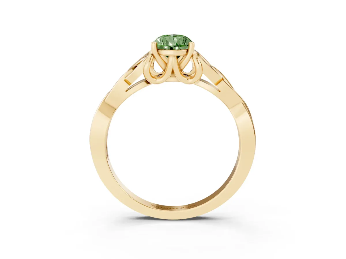 Fancy Green Pear Cut Diamond Solitaire Engagement Ring with Celtic Knot Band and Four-Prong Setting Yellow gold