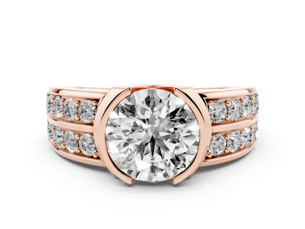 Round Cut Brilliant Diamond Channel Set Wide Band Ring with Bezel Setting Rose gold