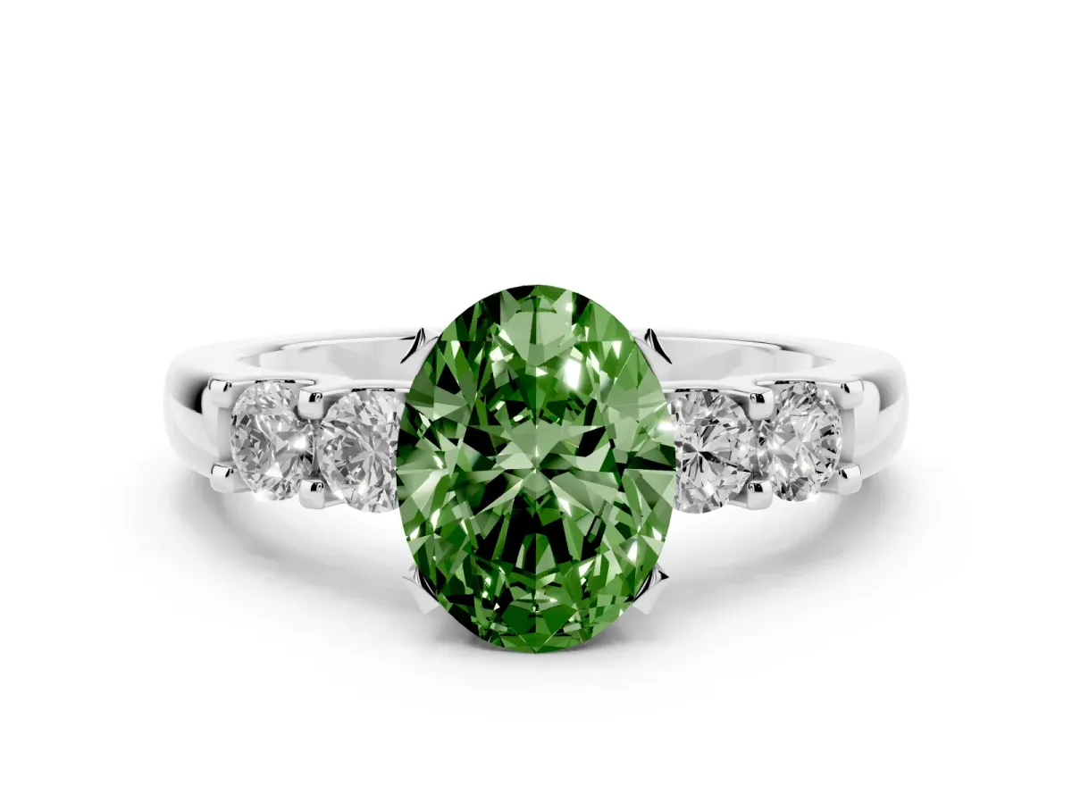 Fancy Green Oval Cut Brilliant Cut Diamond Five-Stone Prong Set Engagement Ring with Channel Band Silver