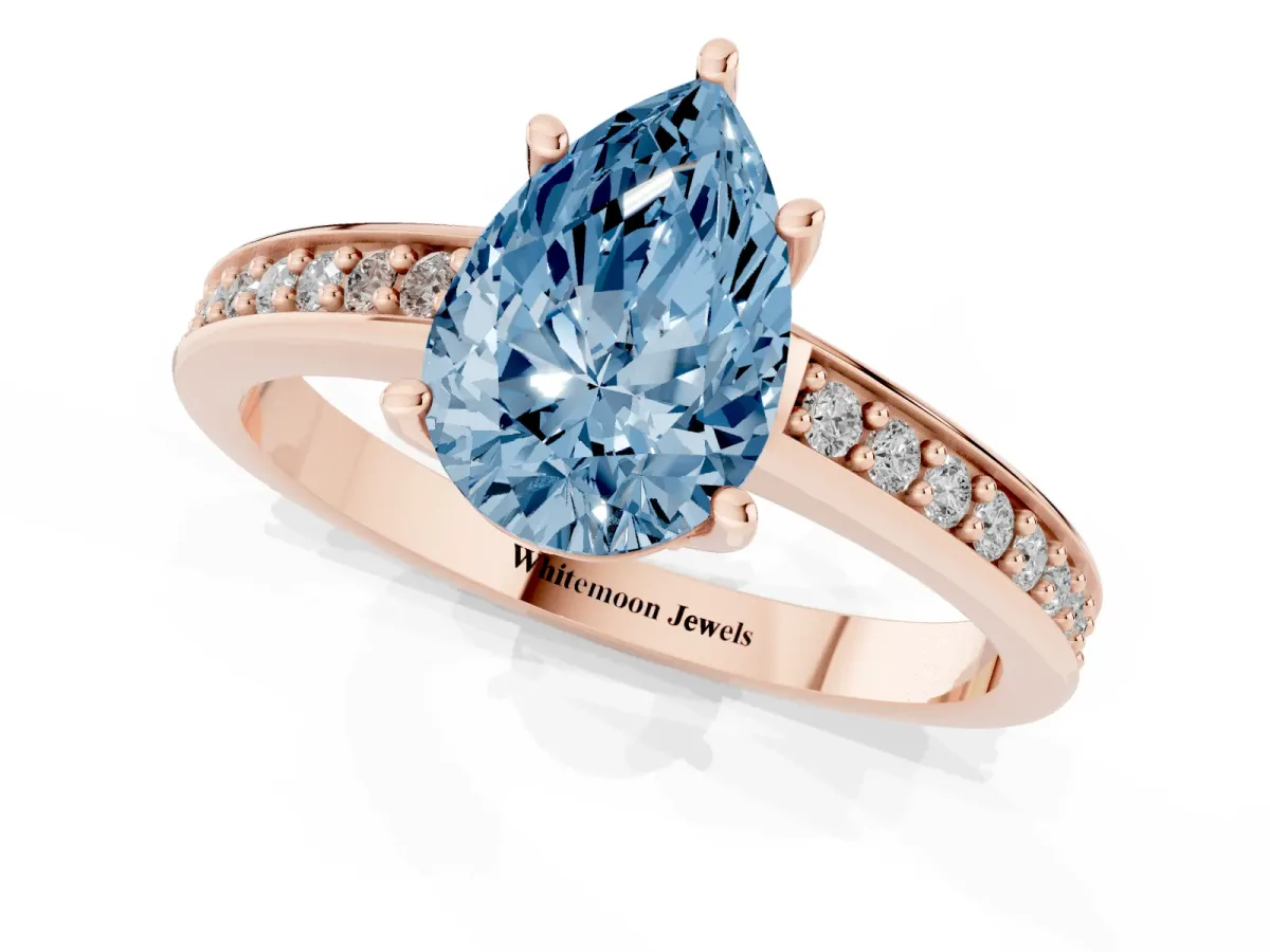 Fancy Blue Pear Cut Solitaire Pavé Band Prong Setting Ring Rose gold