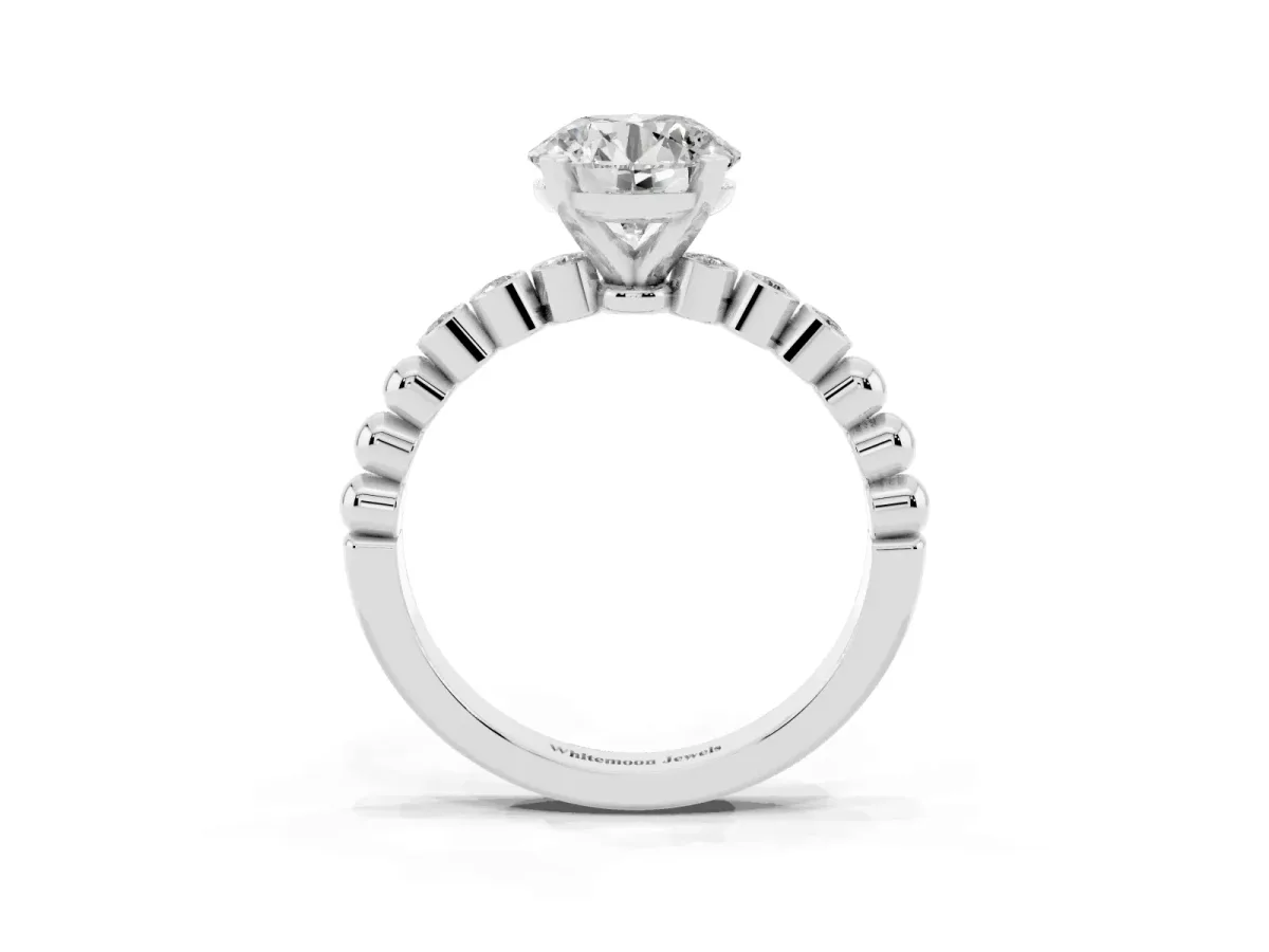 Round Cut Solitaire Bezel Accent Diamond Engagement Ring with Beaded Band and Four-Prong Setting Silver