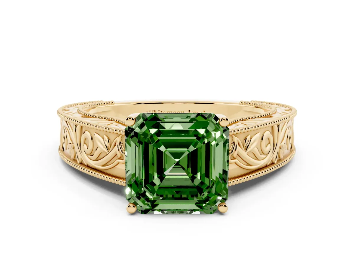 Fancy Green Asscher Cut Diamond Solitaire Ring with Engraved Band and Four-Prong Setting Yellow gold