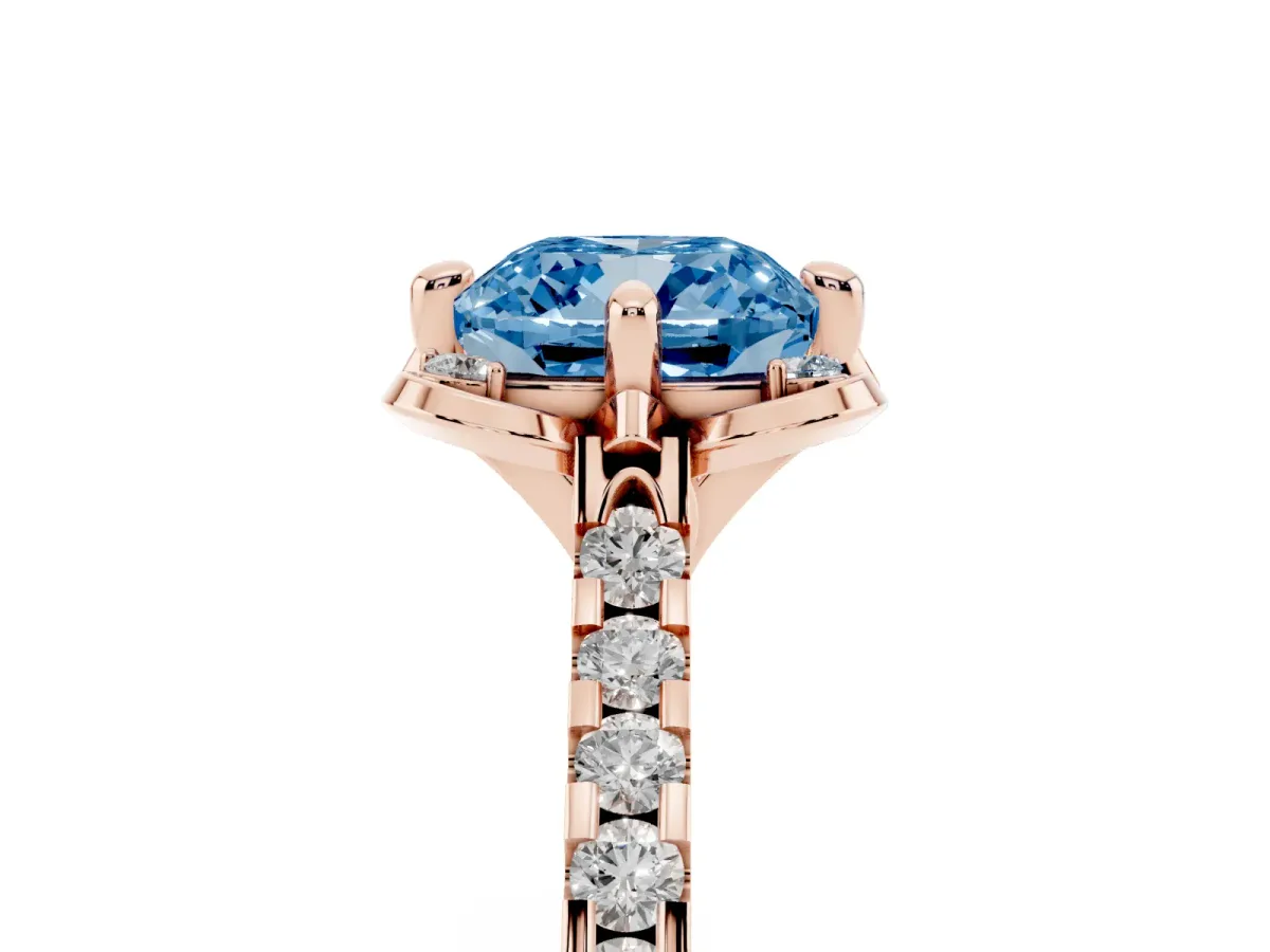 Fancy Blue Cushion Cut Diamond Ring with Pavé Band and Floral Prong Setting Rose gold