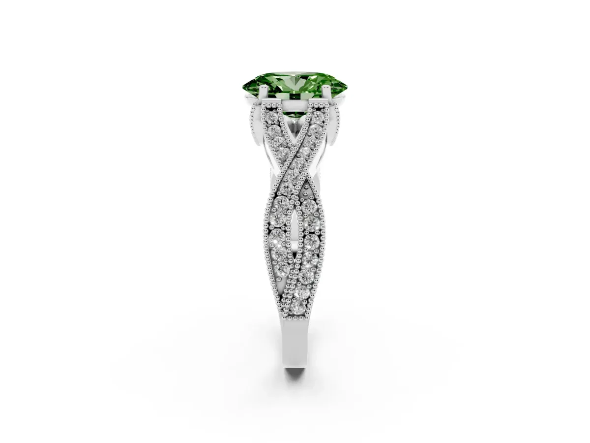 Fancy Green Oval Cut Cut Diamond Twisted Band with Milgrain Pave Setting and Four-Prong Setting Silver