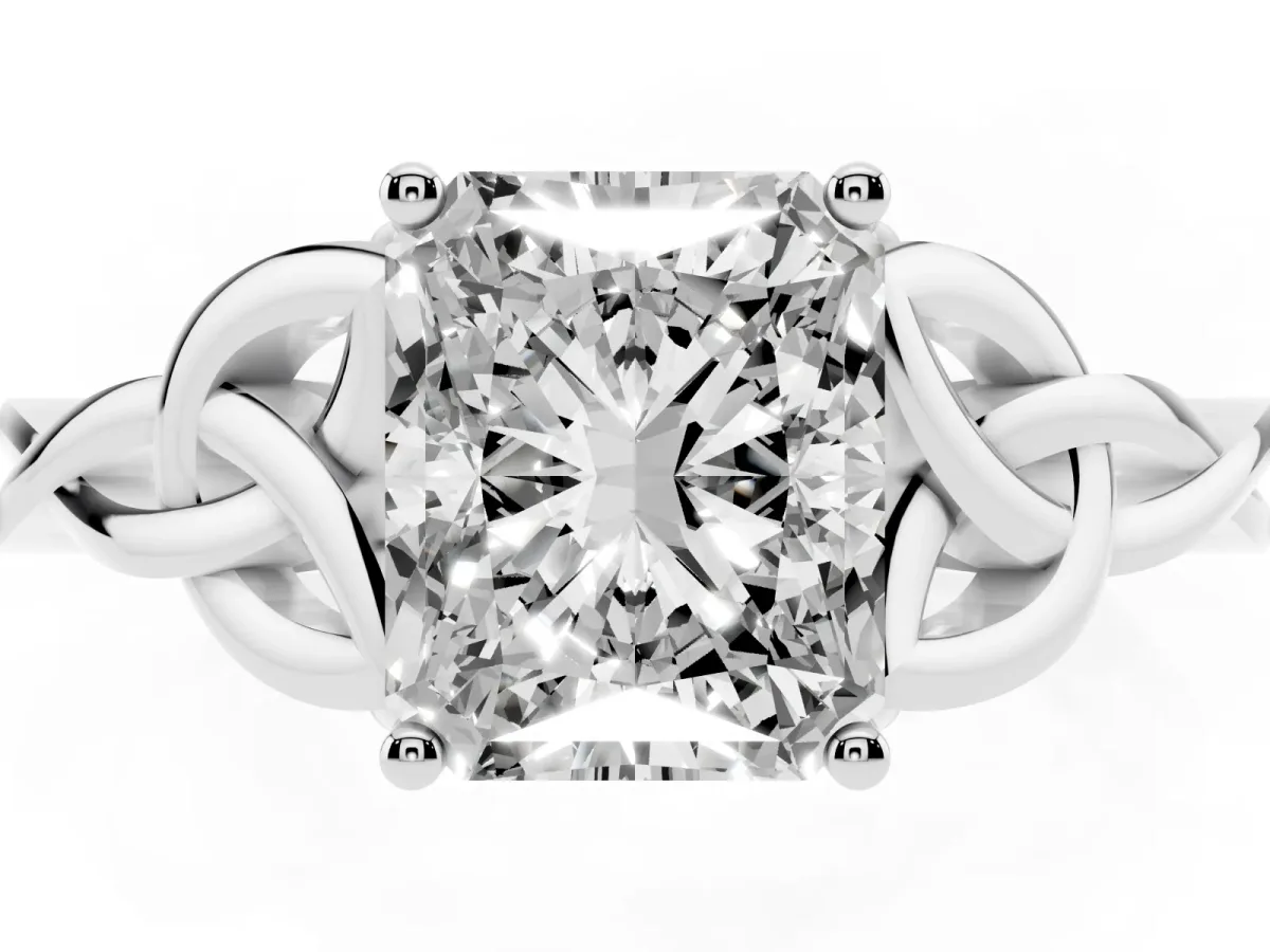 Radiant Cut Diamond Solitaire Engagement Ring with Celtic Knot Band and Four-Prong Setting Silver