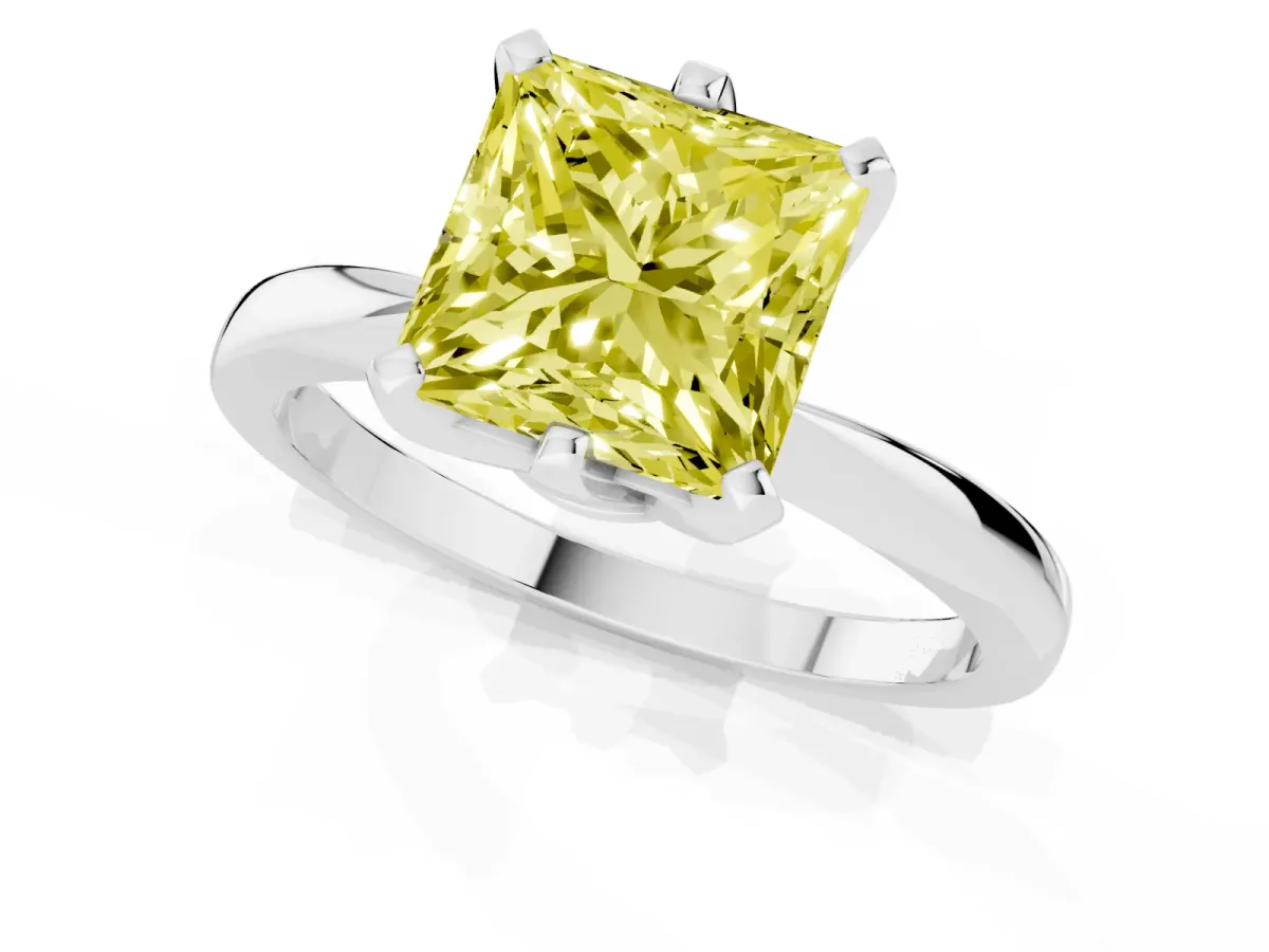 Fancy Yellow Princess Cut Solitaire Engagement Ring with Six-Prong Setting and Tapered Band Silver