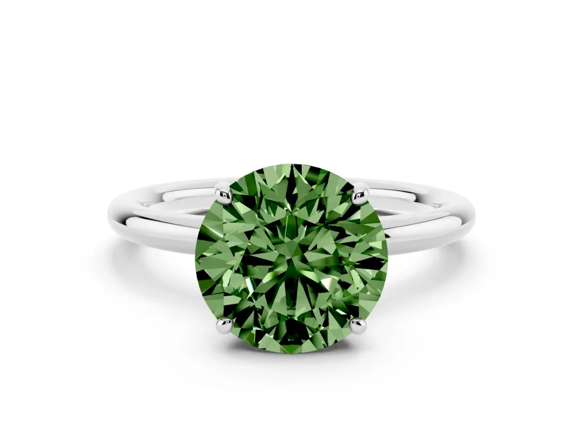 Fancy Green Round Cut Solitaire Diamond Ring with Four-Prong Setting on a Plain Band Platinum
