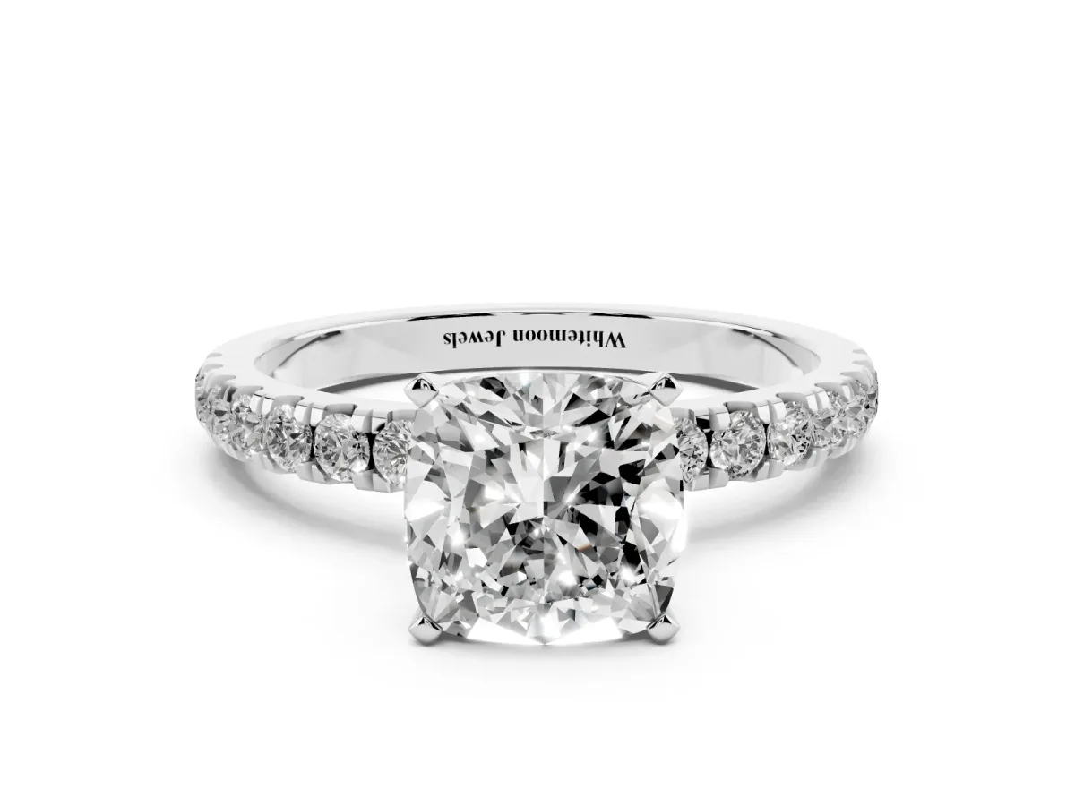 Cushion Cut Diamond Solitaire Ring with Pavé Accents and Four-Prong Setting White gold
