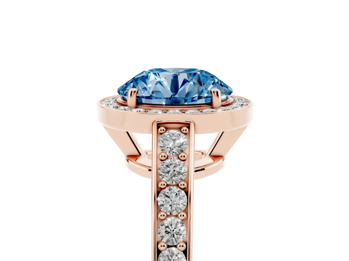 Fancy Blue Round Cut Halo Pavé Diamond Engagement Ring with Bezel Setting Rose gold