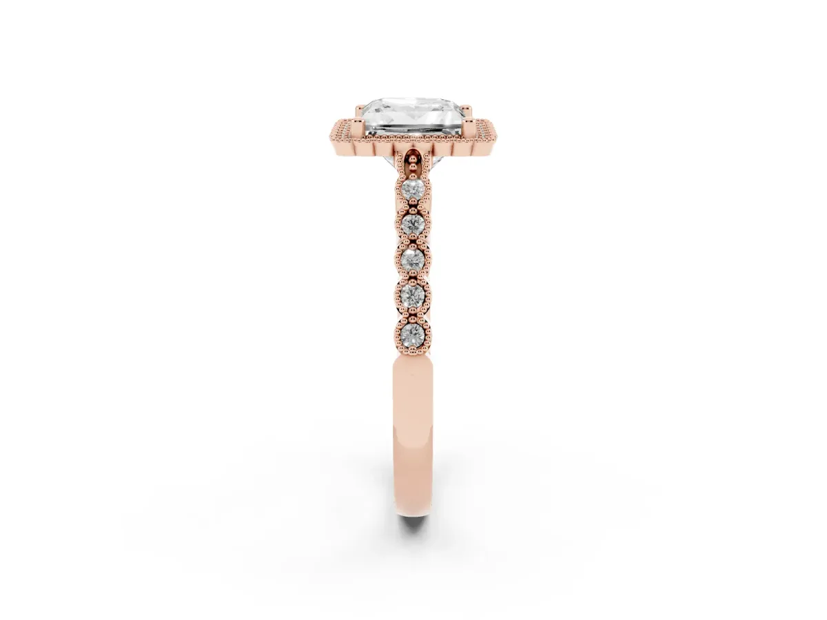 Princess Cut Cut Halo Pavé Solitaire Ring with Milgrain Band Rose gold