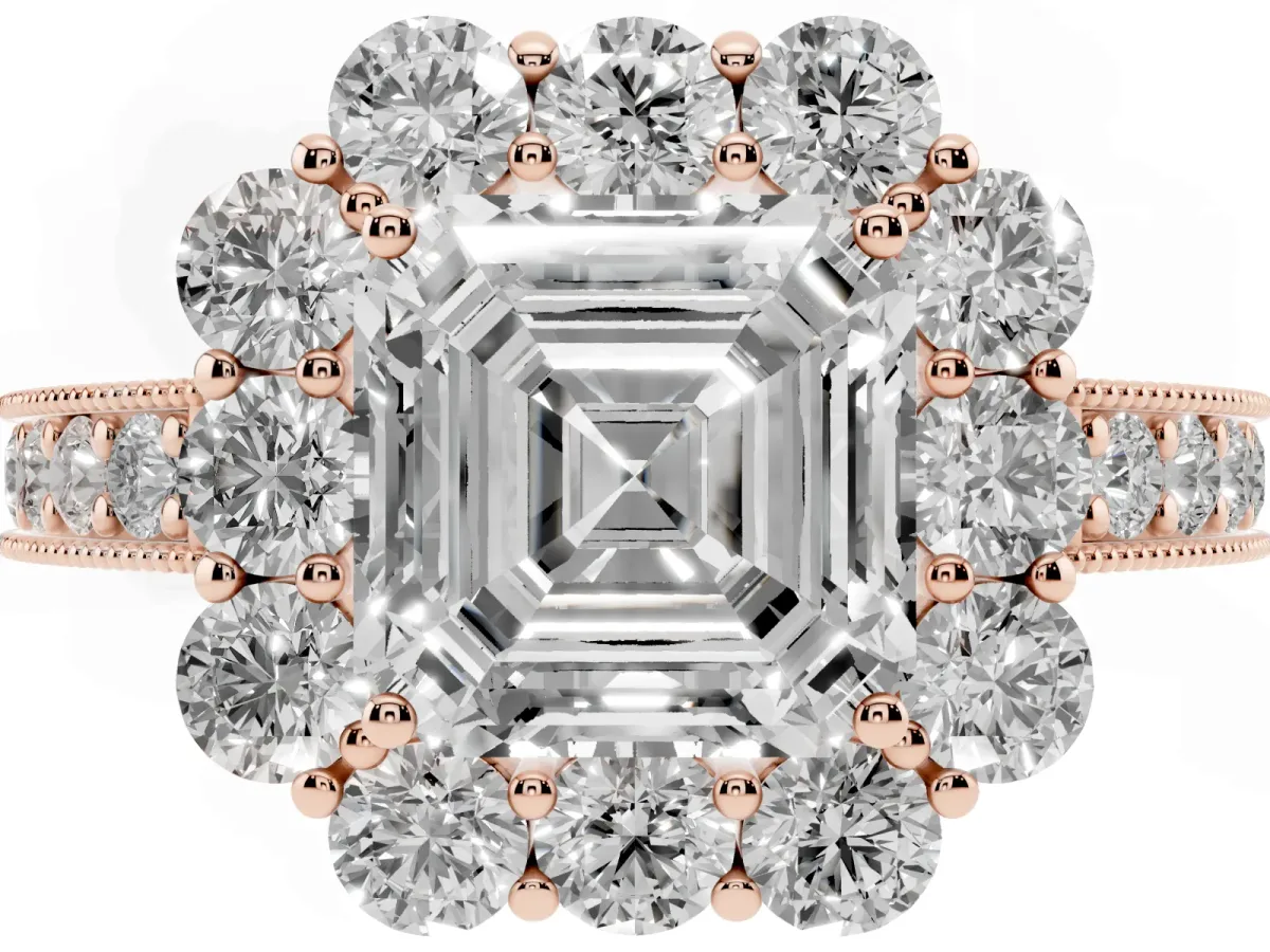 Asscher Cut Cut Halo Diamond Pavé Engagement Ring with Milgrain Detailing Rose gold