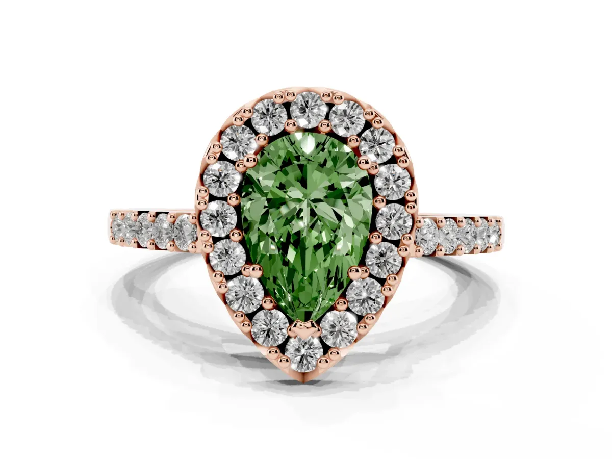Fancy Green Pear Cut Halo Diamond Pavé Solitaire Ring Rose gold
