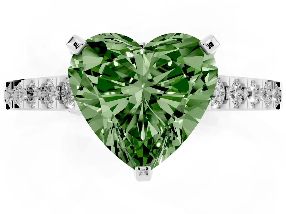 Fancy Green Heart Cut Diamond Solitaire Ring with Crossover Gallery and Round Pavé Band Platinum