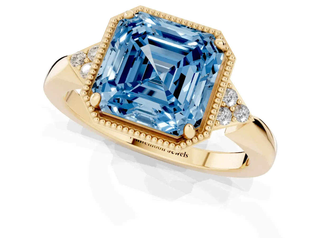 Fancy Blue Hexagonal Halo Asscher Cut Diamond Solitaire with Pavé Band and Four-Prong Setting Yellow gold